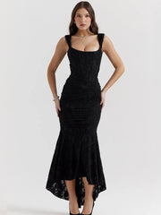 Black lace mermaid evening dress with square neckline