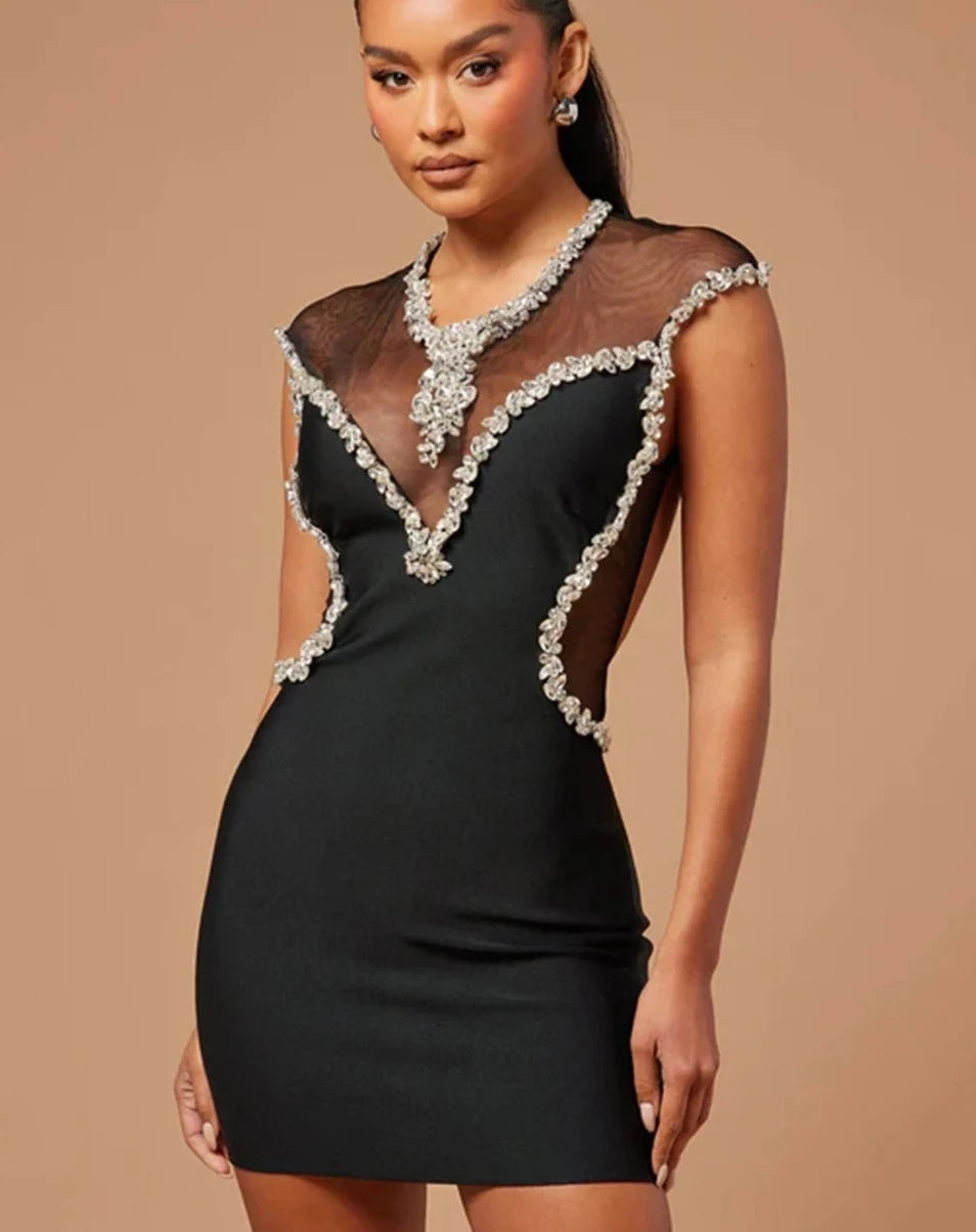 Black mesh diamond embellished mini dress