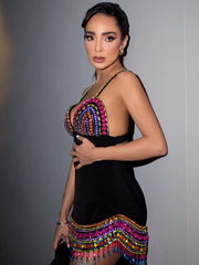 Cocktail mini dress in black with vibrant crystal hem
