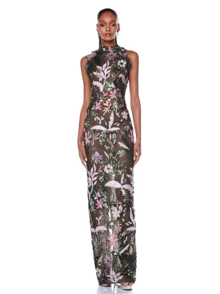 Black O neck embroidered mesh sequin dress styled for evening parties