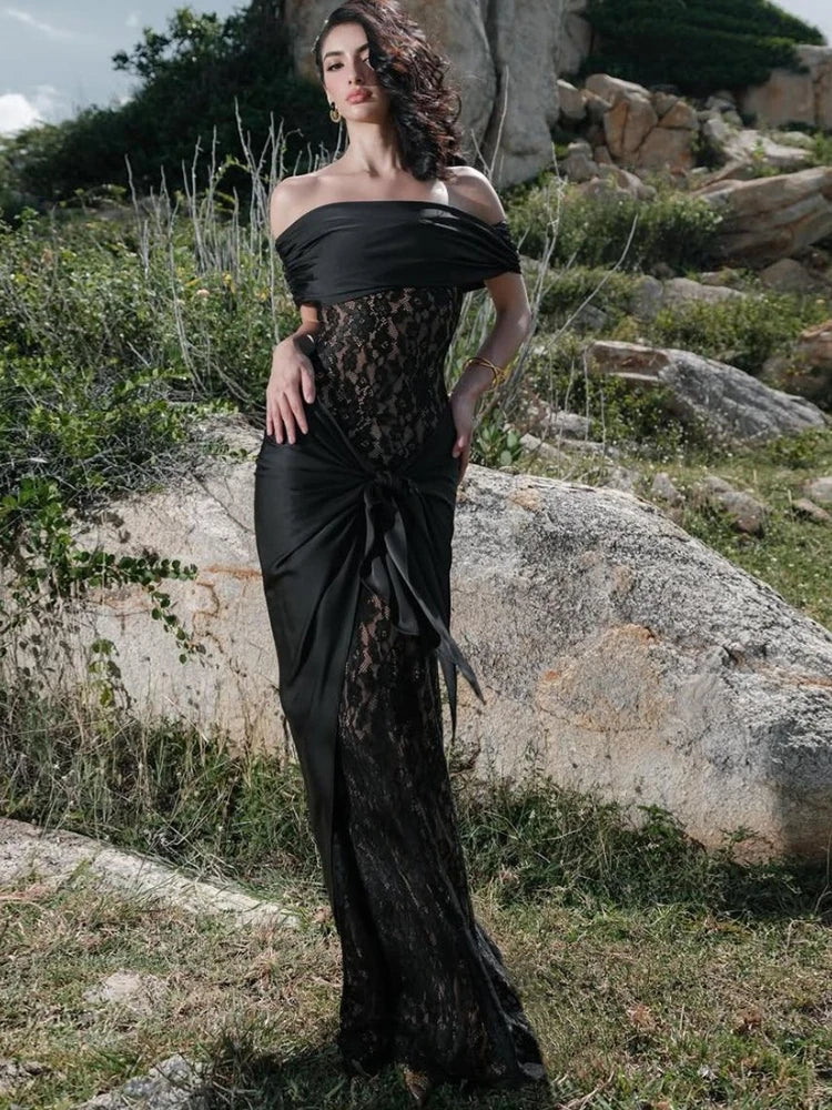 Black off-shoulder lace gown styled for formal outdoor events