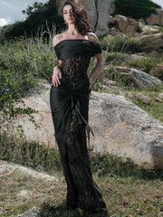 Black off-shoulder lace gown styled for formal outdoor events