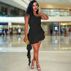 one-shoulder ruffle mini skirt summer outfit-black