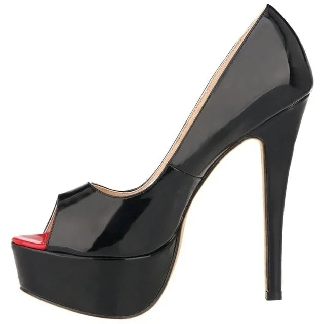 Black patent platform peep-toe pumps with red sole for a party and a wedding on a white background.