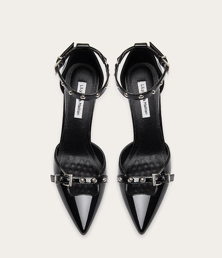 Black patent rivet party sandals with straps and platform heel