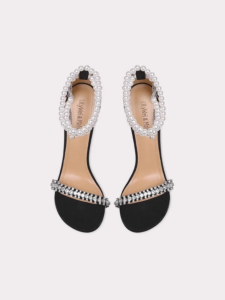 Black pearl crystal party sandals with ankle strap for event style