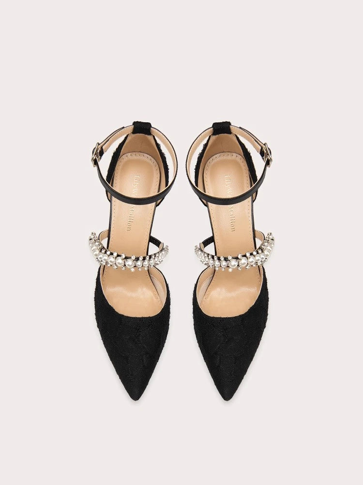 Black pearl strap stiletto heels styled for elegant party events