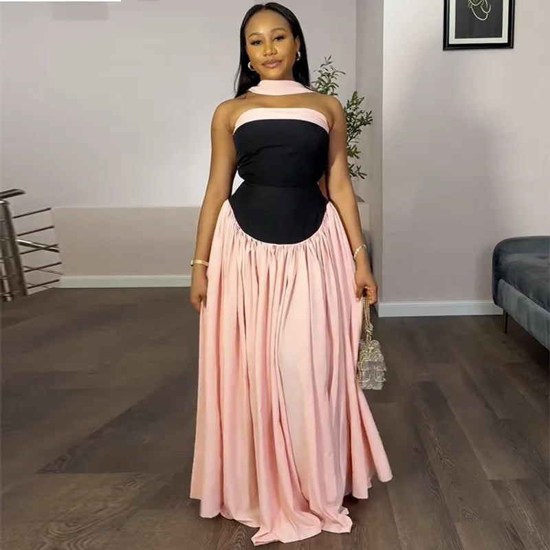 Black and pink patchwork ball gown styled for a formal event