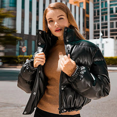 Black PU leather padded down jacket for winter