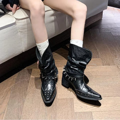 Punk rivet pointed toe western boots for women