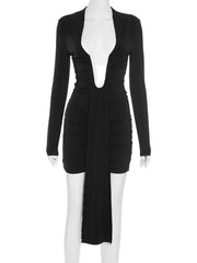 Ruched black mini dress with deep neckline for special occasions

