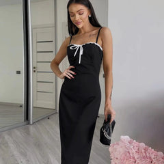 Backless black maxi dress with lace patchwork design