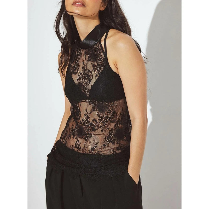 Black sheer floral lace halter top with sleeveless slim silhouette