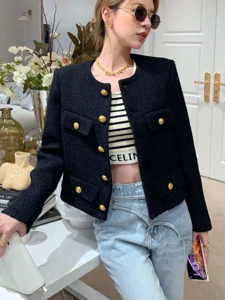 Black short vintage jacket with gold buttons and O-neck for autumn style