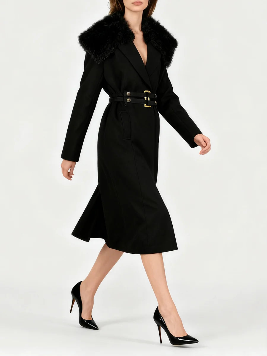 Longline black winter coat with fur neckline