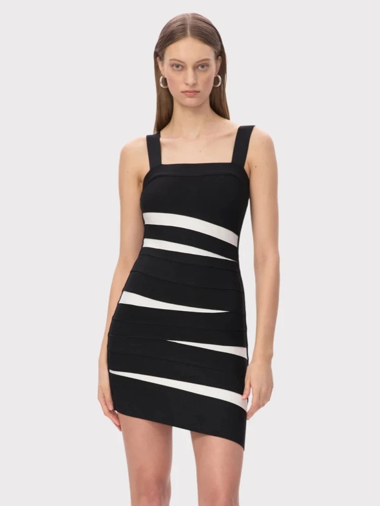Studio front view of a black square-neck bandage mini dress with bold contrasting panel stripes, styled cleanly for a sharp night look.