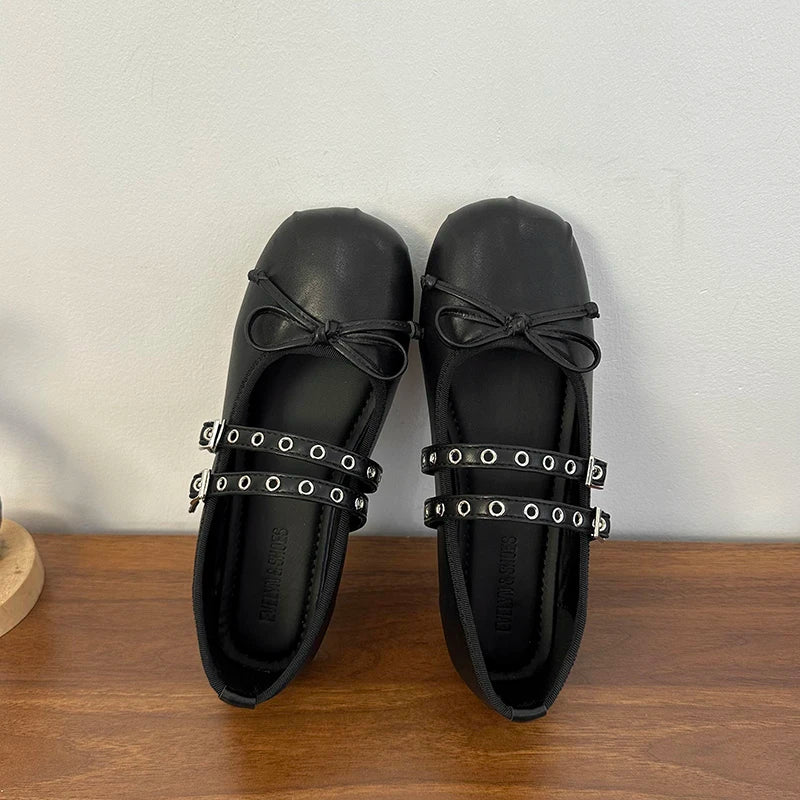 Black square toe Mary Jane flats with bow detail