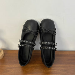 Black square toe Mary Jane flats with bow detail