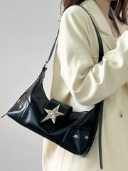 Black PU leather shoulder bag with metallic star appliqué