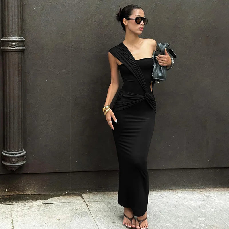 Asymmetric one-shoulder sheath dress with lace-up waist accent