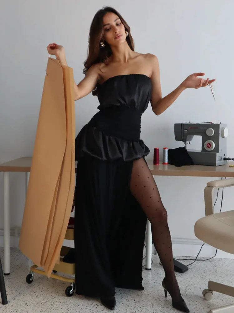 Black strapless peplum gown styled for modern formal events