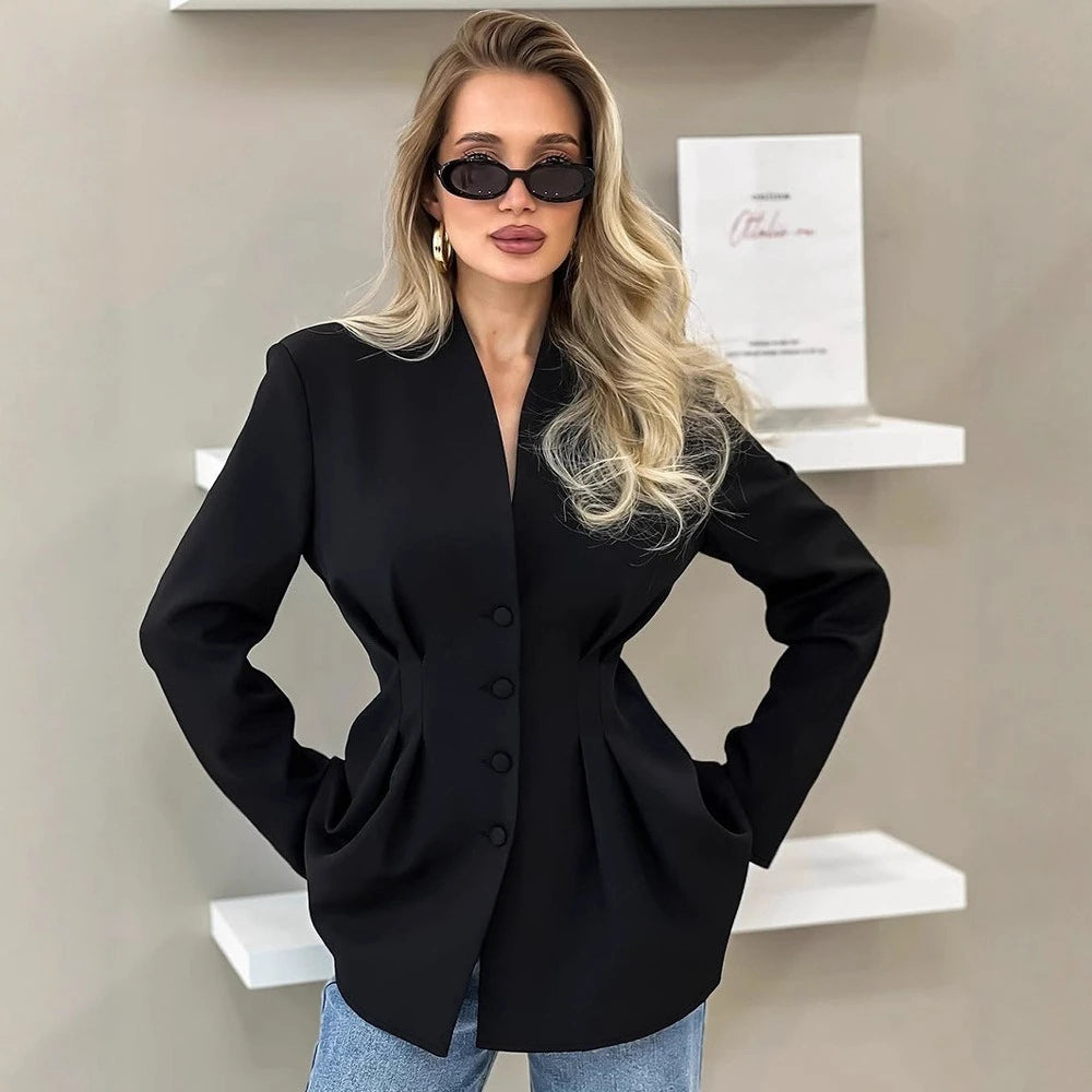 Black tailored office blazer styled for women’s smart-casual profession