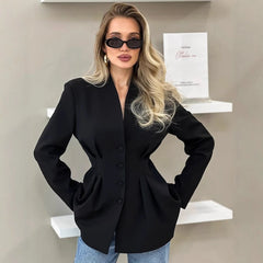 Black tailored office blazer styled for women’s smart-casual profession