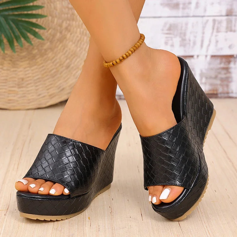 Black woven wedge sandals with peep-toe design