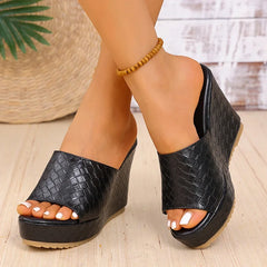 Black woven wedge sandals with peep-toe design
