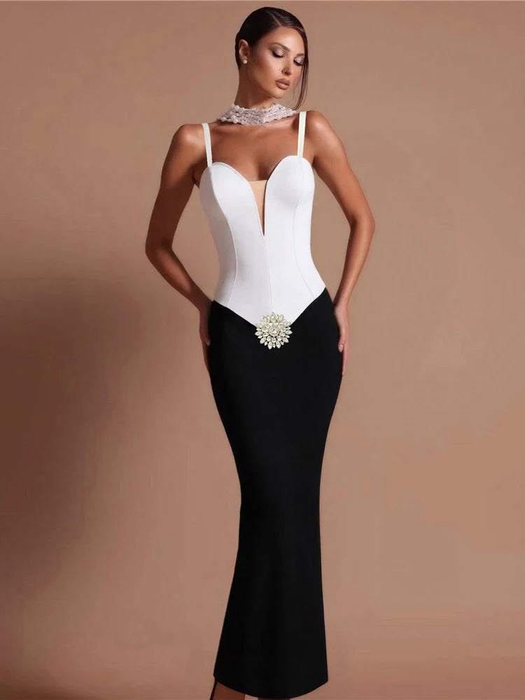 Black and white diamond bandage dress with spaghetti straps