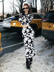 Floral jacquard two-piece set with long-sleeve cropped top and midi skirt