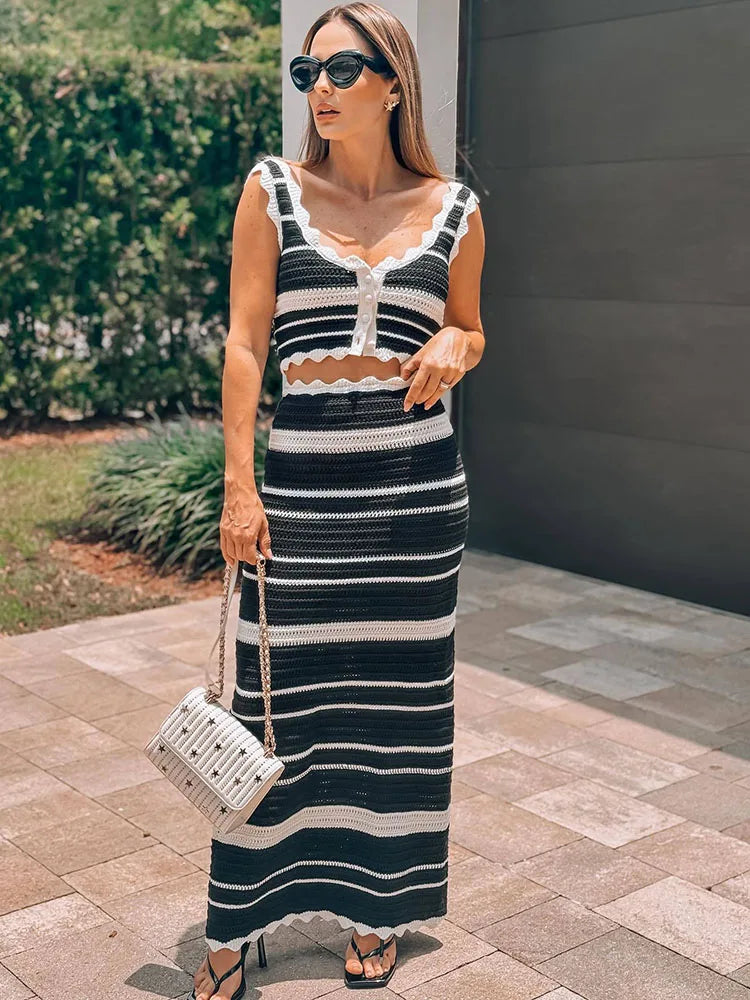 Summer vacation knit two piece outfit with maxi skirt