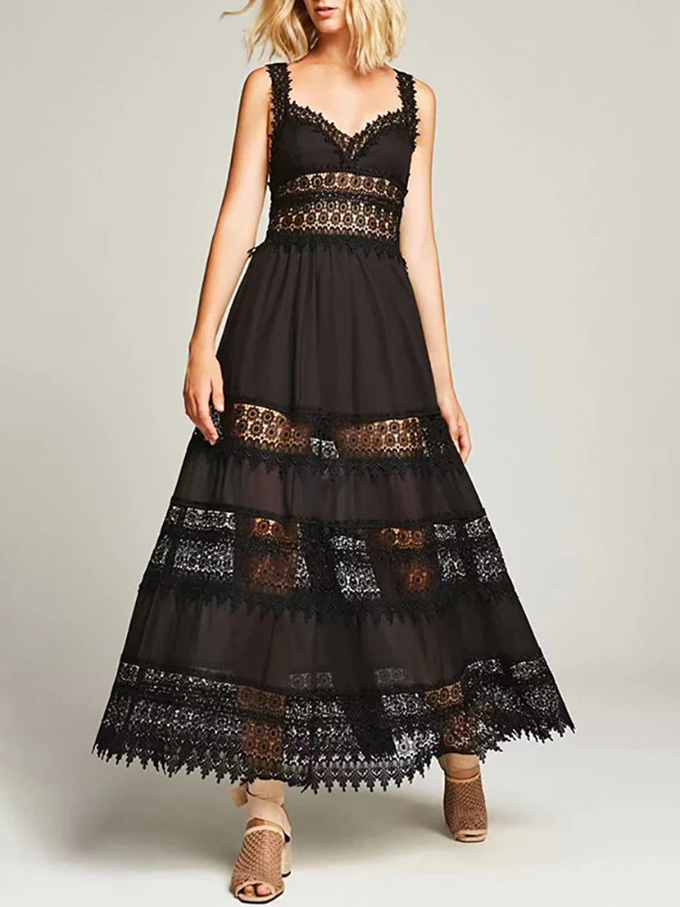 Black white lace patchwork dress styled with V neck and sling straps