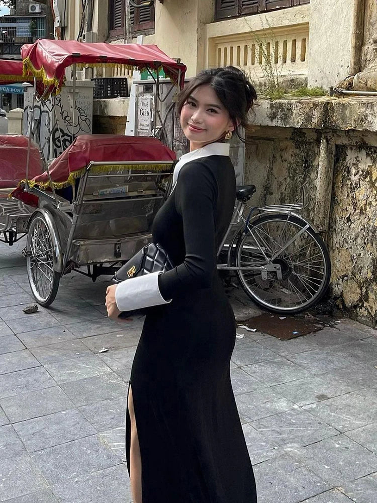 black and white patchwork maxi dress perfect for work or evening