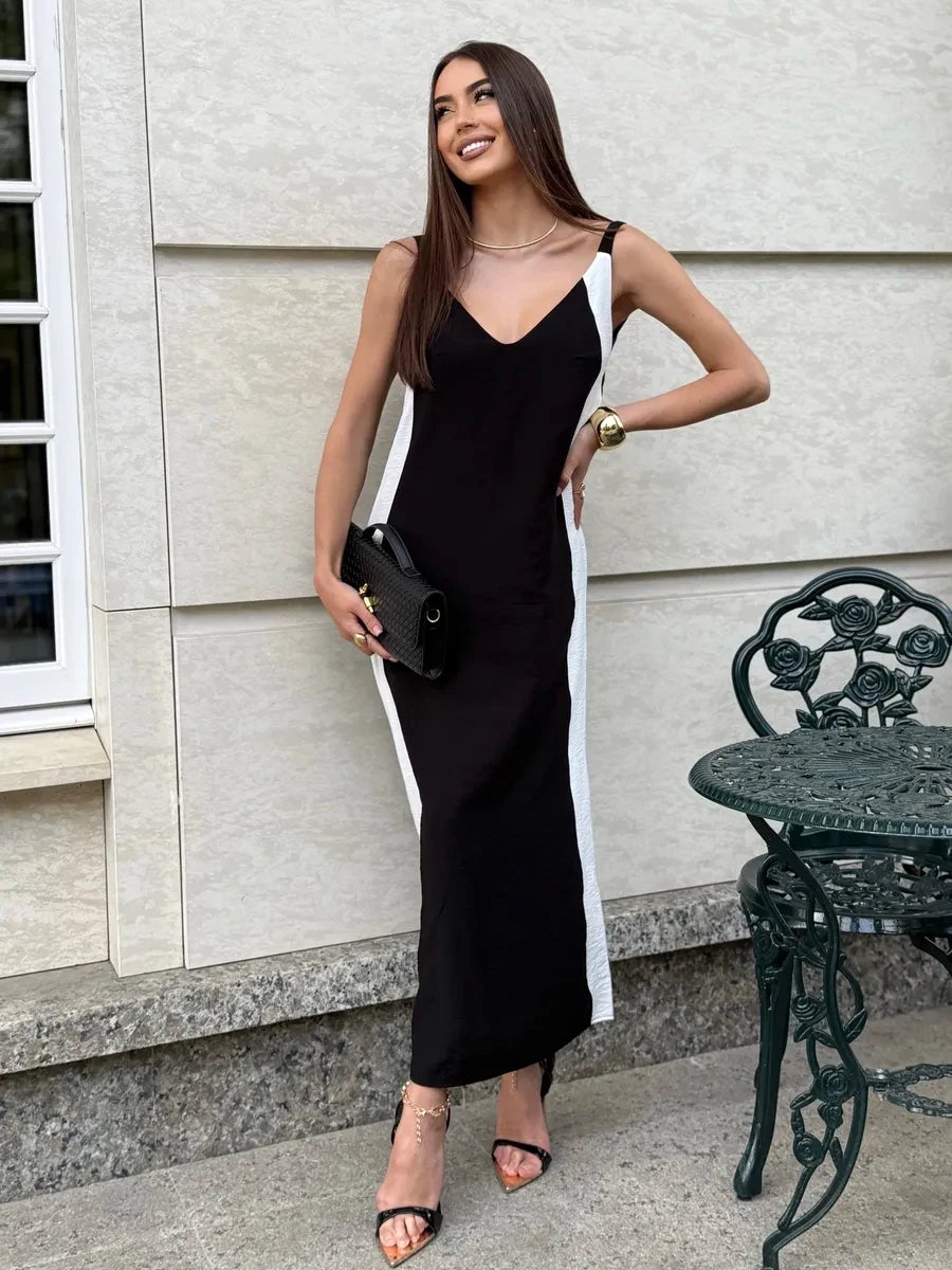 Black and white patchwork midi dress styled for events