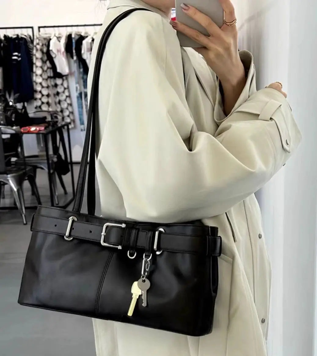 Black  Y2K shoulder bags styled with retro outfits
