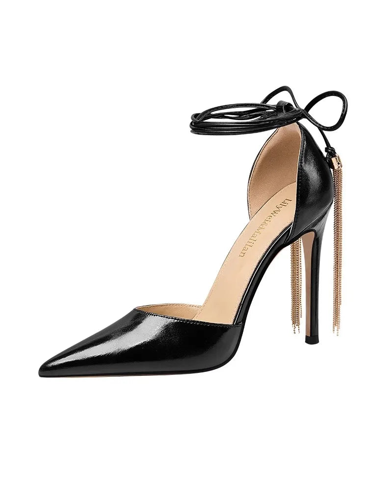 Block heel lace-up event shoes in black PU with metallic tassels