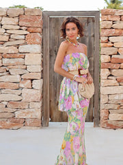 close-up of blouson strapless bodice on printed chiffon dress