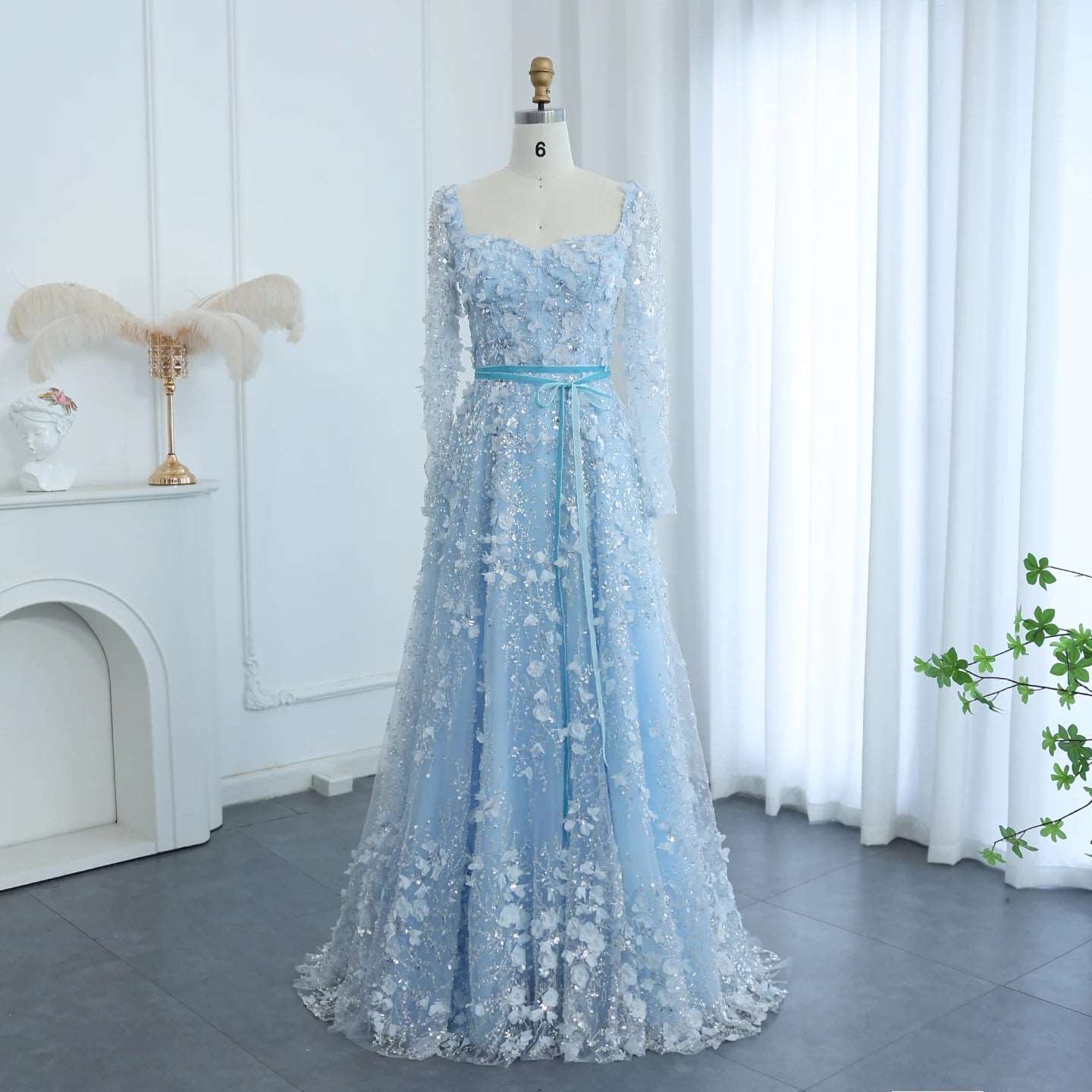 Blue 3D floral applique chiffon long sleeve evening gown