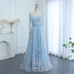 Blue 3D floral applique chiffon long sleeve evening gown