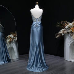 Floor-length satin evening dress with side pleated drape and sleek silhouette