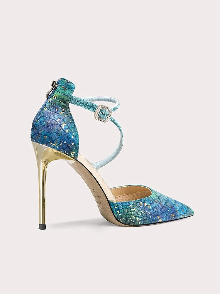 Blue crystal ankle-strap heels with gold stiletto and heart charm
