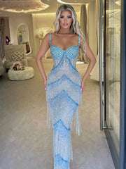 Blue crystal tassel gown styled for evening galas and formal events