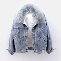 Blue denim jacket with plush faux fur collar for women