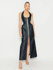 Blue denim halter maxi dress with ankle-length cut