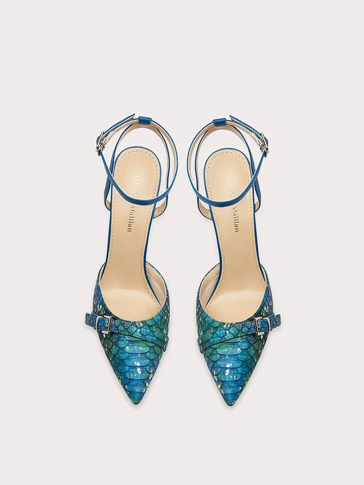 Blue fish pattern strap sandals with thin high heel