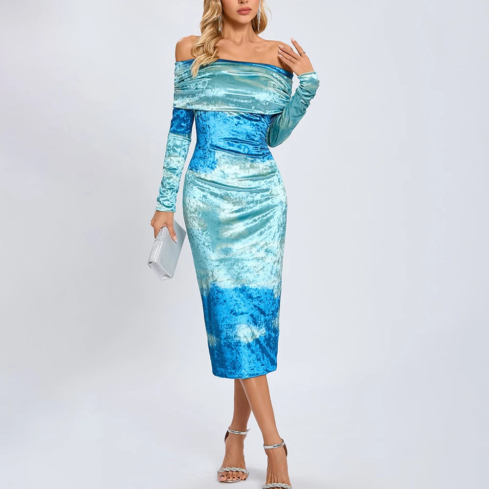 Blue gradient tie dye off shoulder midi dress styled for parties