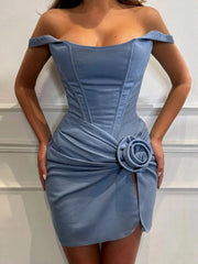 Elegant blue mini dress with floral detail