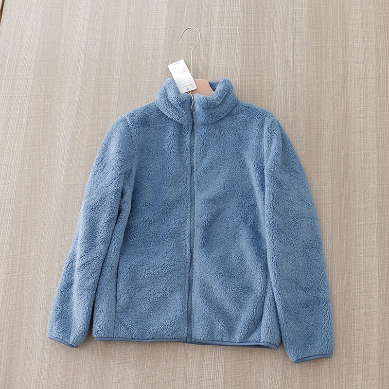 Blue plush stand collar jacket with full zip closure
