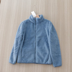Blue plush stand collar jacket with full zip closure